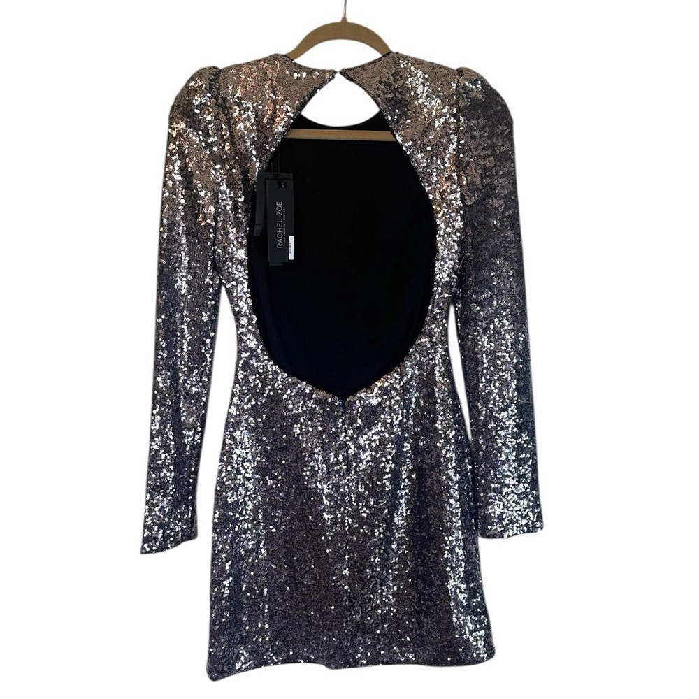 NWT Rachel Zoe Silver Sequin Karlee Backless Long-Sleeve Mini Dress- Size 2 - Picture 7 of 12